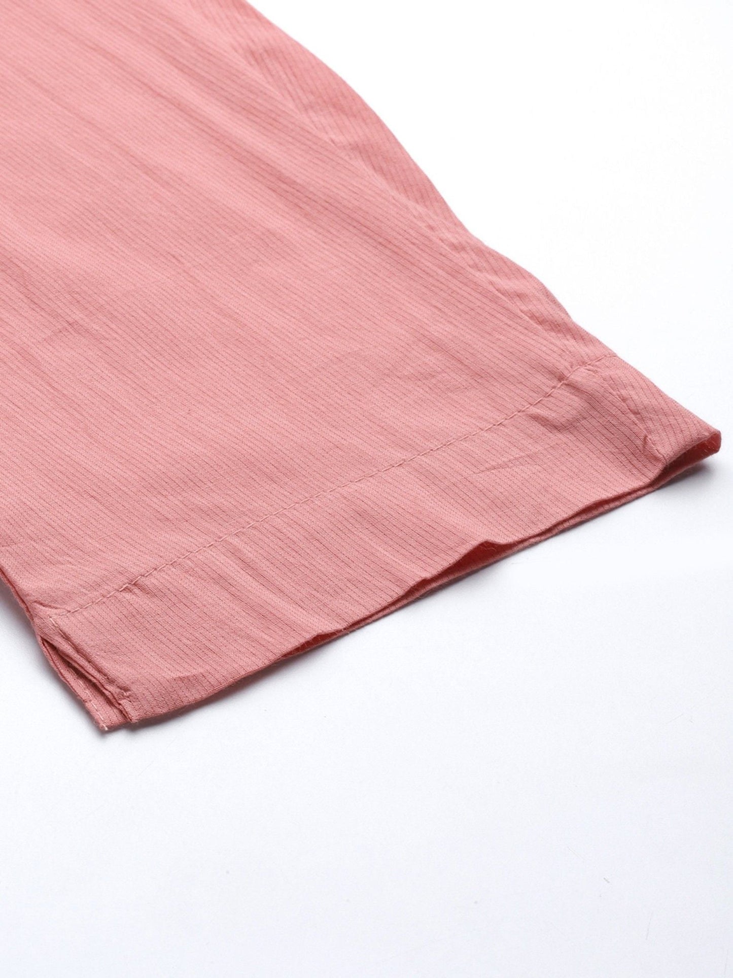 ISHIN Womens Pink Pure Cotton Zari Flared Floral Print Kurta With Pant And Dupatta (Set of 3)