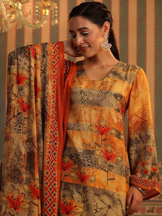 Scakhi Floral Printed Regular Silk Crepe Kurta with Trousers & With Dupatta