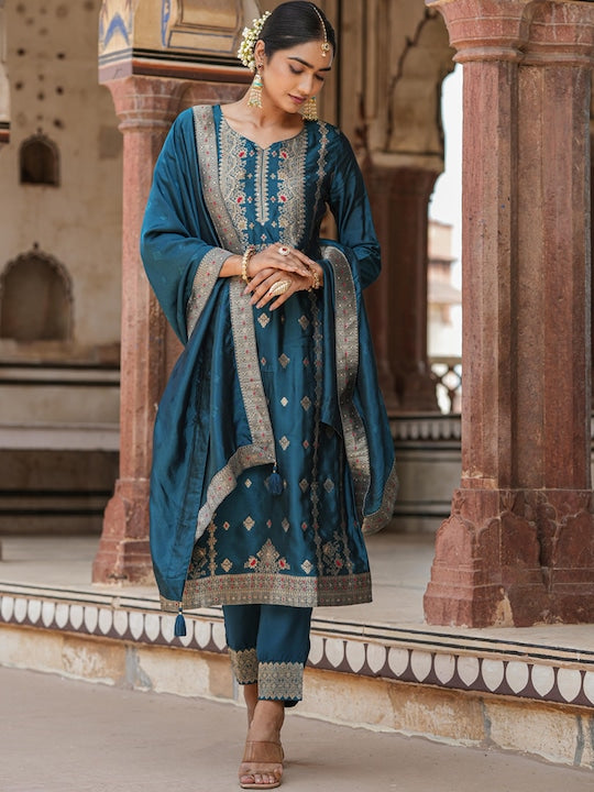 Scakhi Ethnic Motifs Woven Design Regular Kurta With Trousers & Dupatta