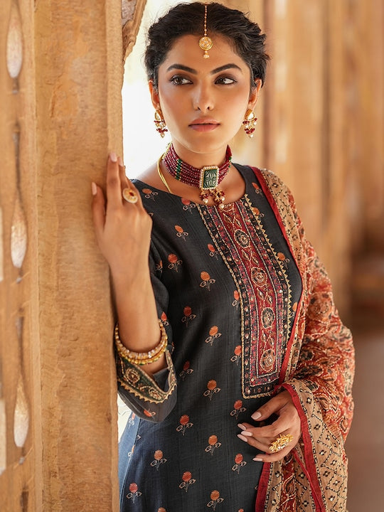 Scakhi Ethnic Motifs Printed Chanderi Silk Straight Kurta With Trousers & Dupatta