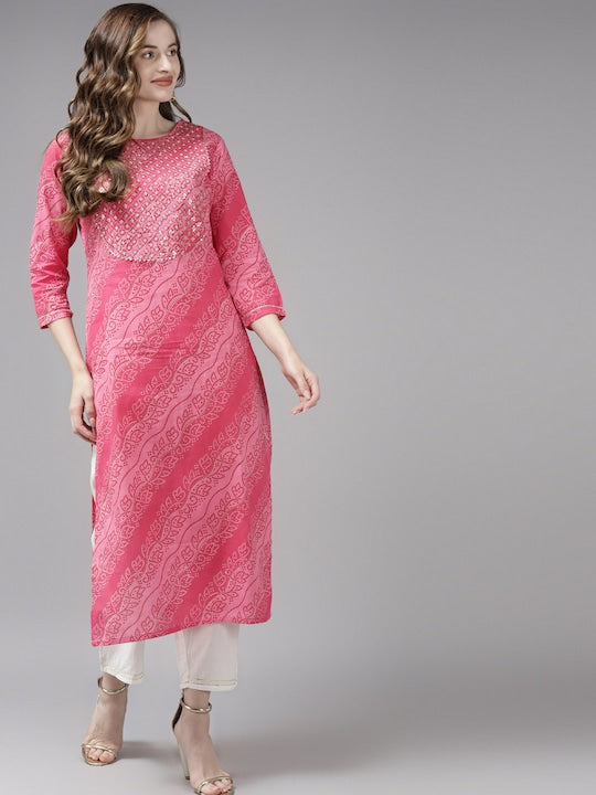 Yufta Women Pink Bandhani Yoke Design Regular Sequinned Pure Cotton Kurta with Palazzos