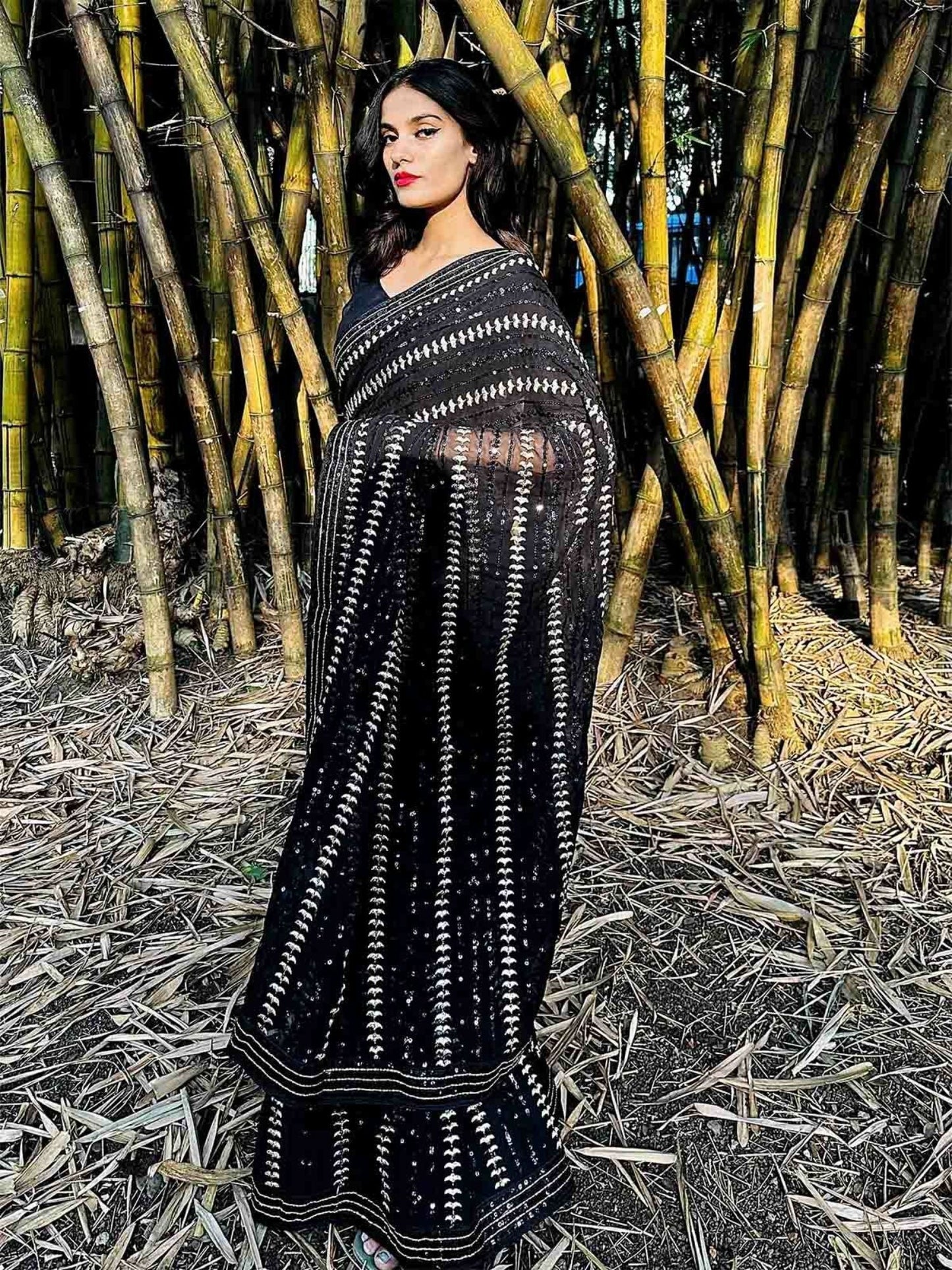 Odette Black Georgette Sequin Saree With Unstitched Blouse