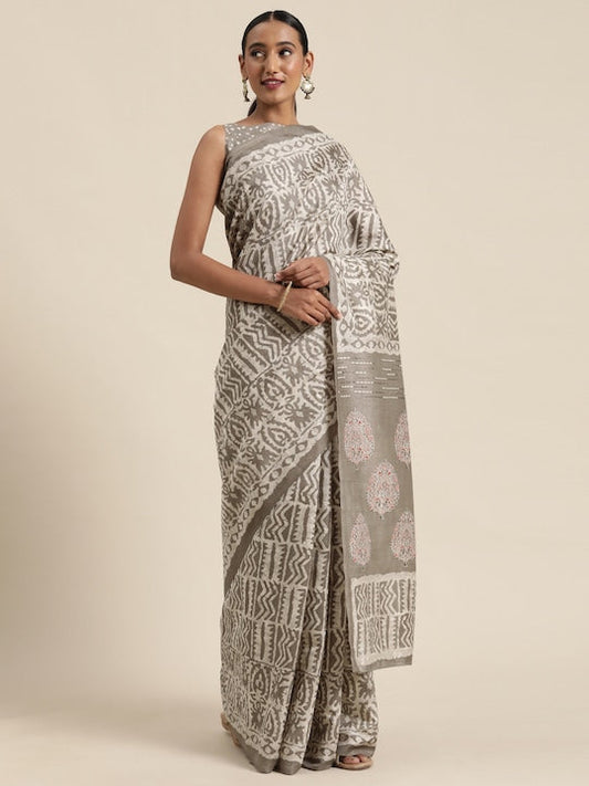 Saree mall Grey & Off-White Art Silk Printed Bagru Saree