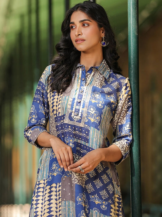Scakhi Ethnic Motifs Printed Shirt Collar Gotta Patti Kurta With Patiala