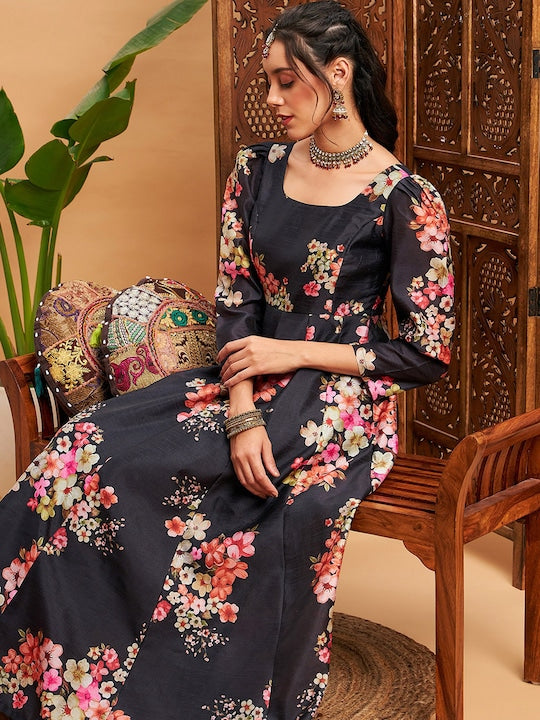 Shae by Sassafras Black & Pink Floral Printed Square Neck Puff Sleeves Anarkali Kurta