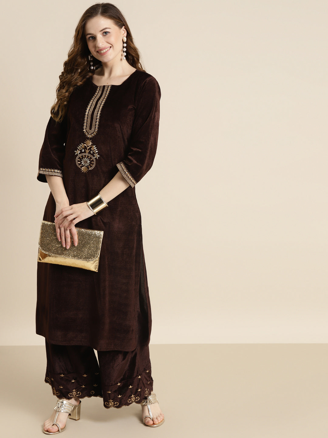 Shae by Sassafras Women Brown & Gold-Toned Ethnic Motifs Embroidered Velvet Kurta