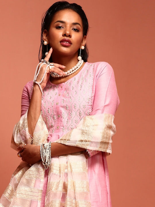 IMARA Ethnic Motifs Yoke Design Thread Work Pleated A-Line Kurta with Trousers & Dupatta