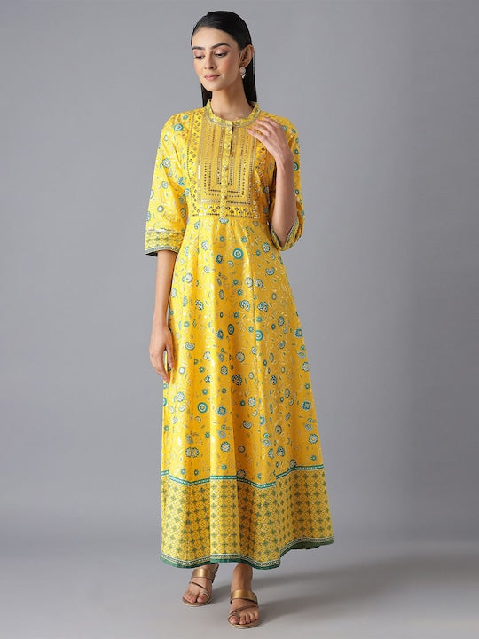 Aurelia Yellow & Green Ethnic Motifs Pure Cotton Maxi Dress