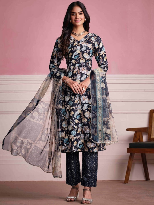 Sangria Floral Printed Staright Kurta With Trousers & Dupatta