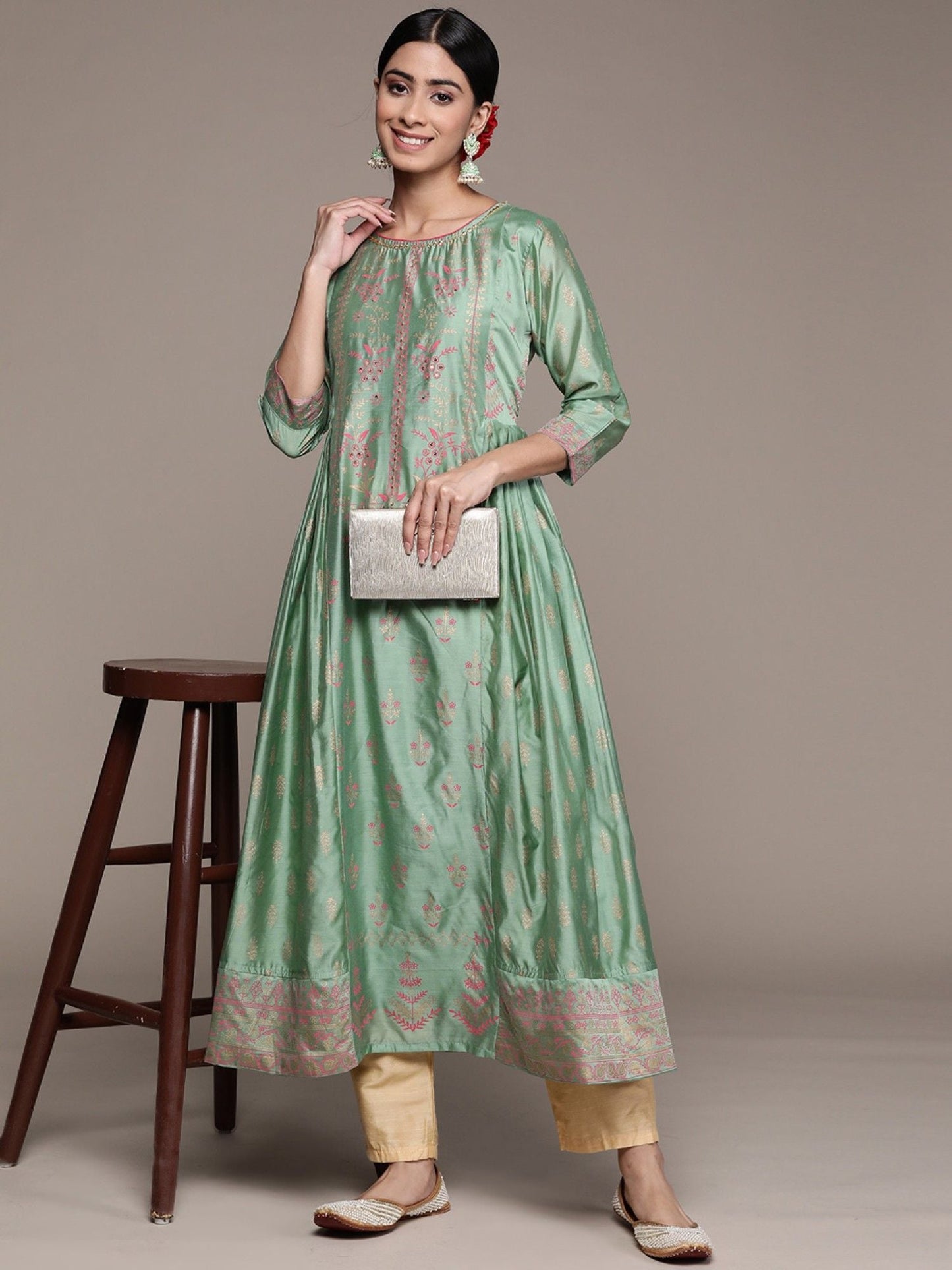 ISHIN Womens Silk Blend Mint Green Embellished Anarkali Kurta