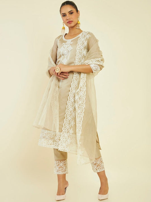 Soch Ethnic Motifs Embroidered Panelled Chanderi Silk Kurta with Trousers & Dupatta
