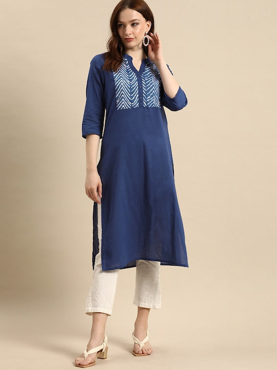 All about you Women Blue Geometric Yoke Design Pure Cotton Kurta