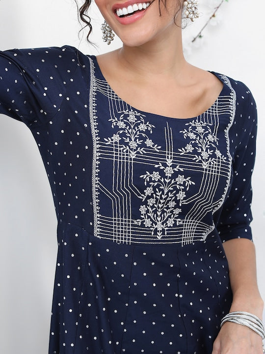 Vishudh Navy Blue Geometric Printed Thread Work A-Line Kurta