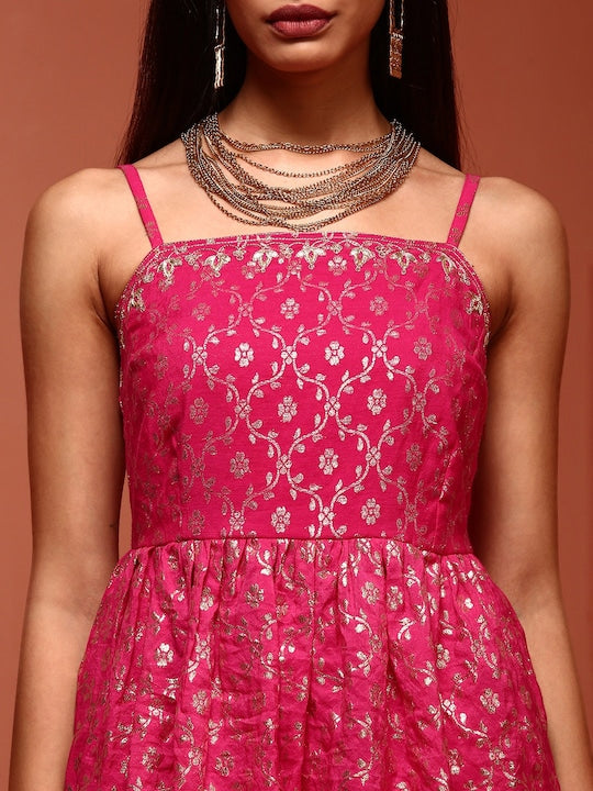 IMARA Floral Printed Shoulder Strapped A-Line Jacquard Kurti with Sharara & With Dupatta
