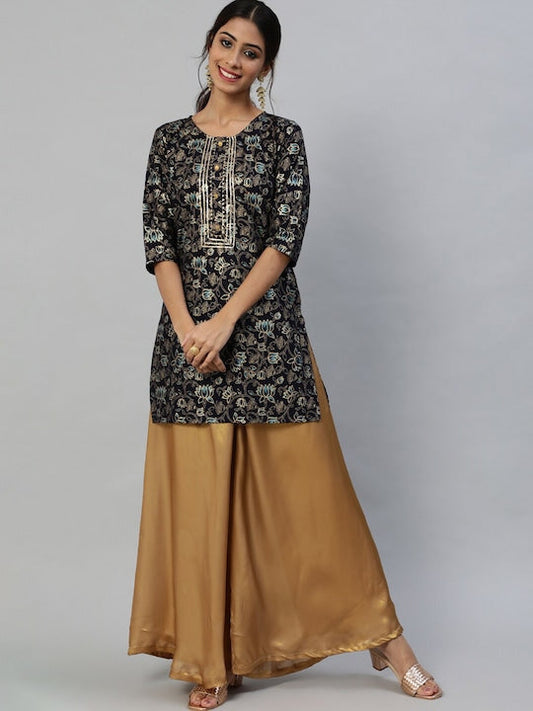 Anubhutee Navy Blue & Gold Toned Ethnic Motifs Printed Gotta Patti Gotta Patti Kurti