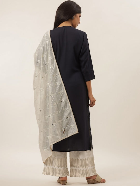 Yufta Women Navy Blue Floral Embroidered Panelled Sequinned Kurti with Trousers & With Dupatta