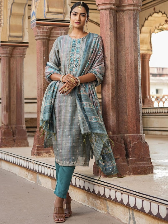 Scakhi Ethnic Motifs Embroidered Sequinned Chanderi Silk Kurta With Trousers & Dupatta