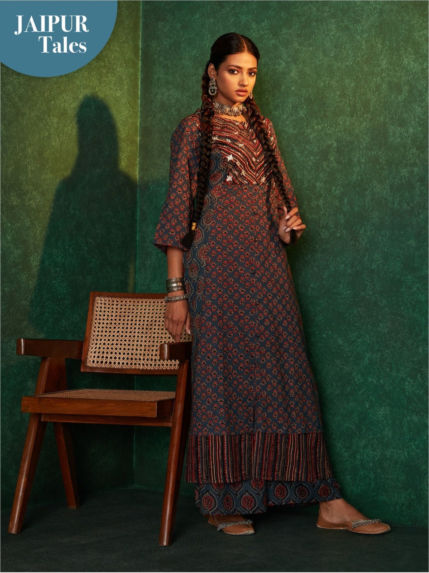 Likha Siyah Begar Indigo Printed with Zari Mirror Work Co-ord Set LIKSKD151 (Set of 2)