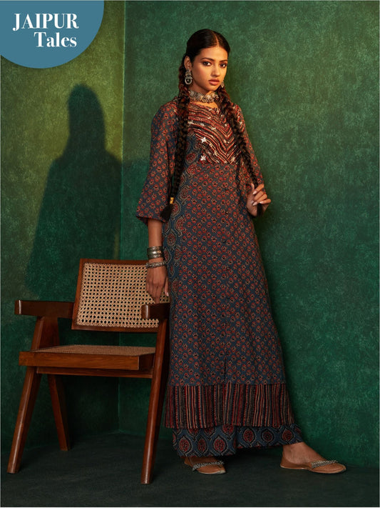 Likha Siyah Begar Indigo Printed with Zari Mirror Work Co-ord Set LIKSKD151 (Set of 2)