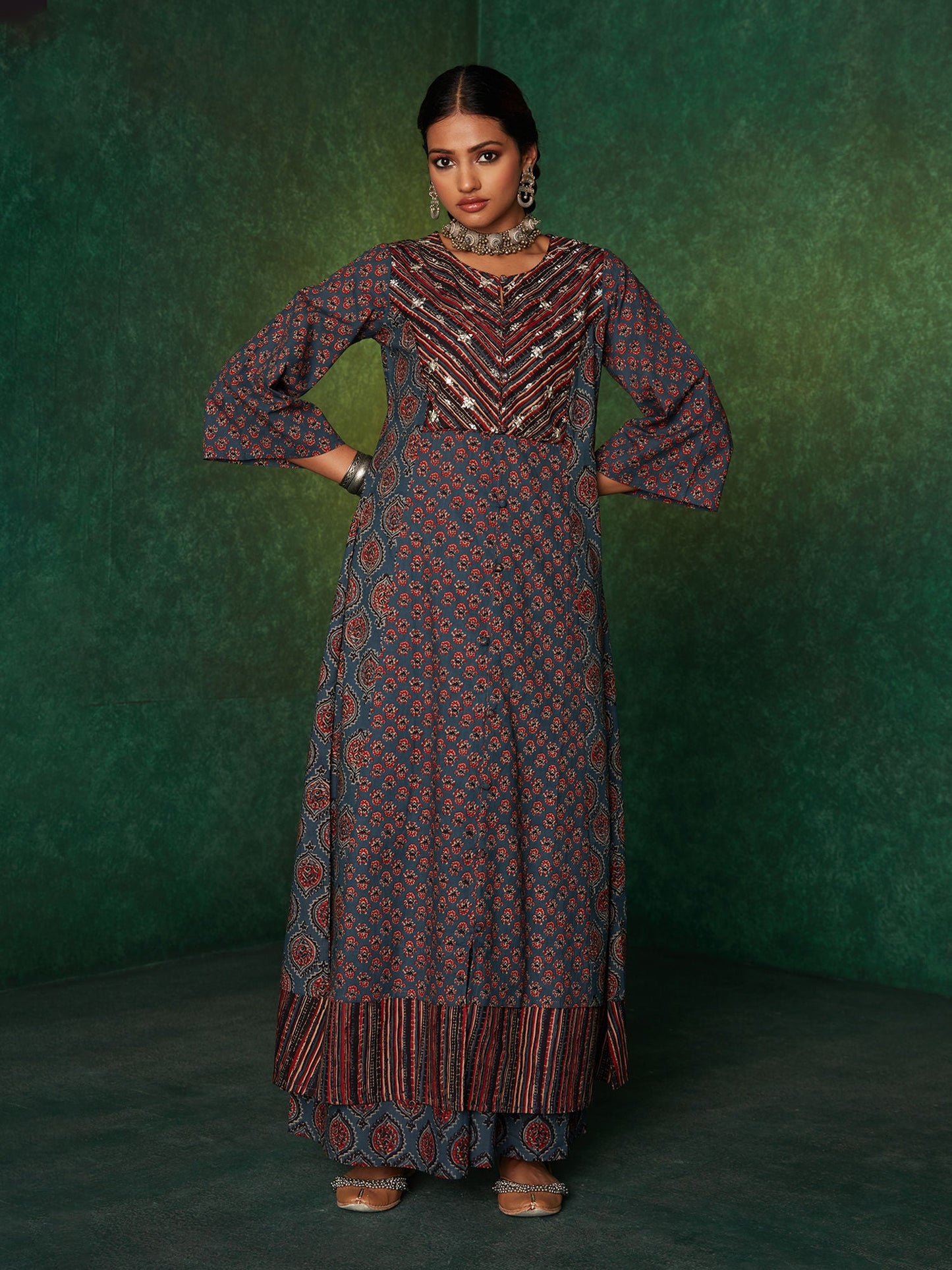 Likha Siyah Begar Indigo Printed with Zari Mirror Work Co-ord Set LIKSKD151 (Set of 2)