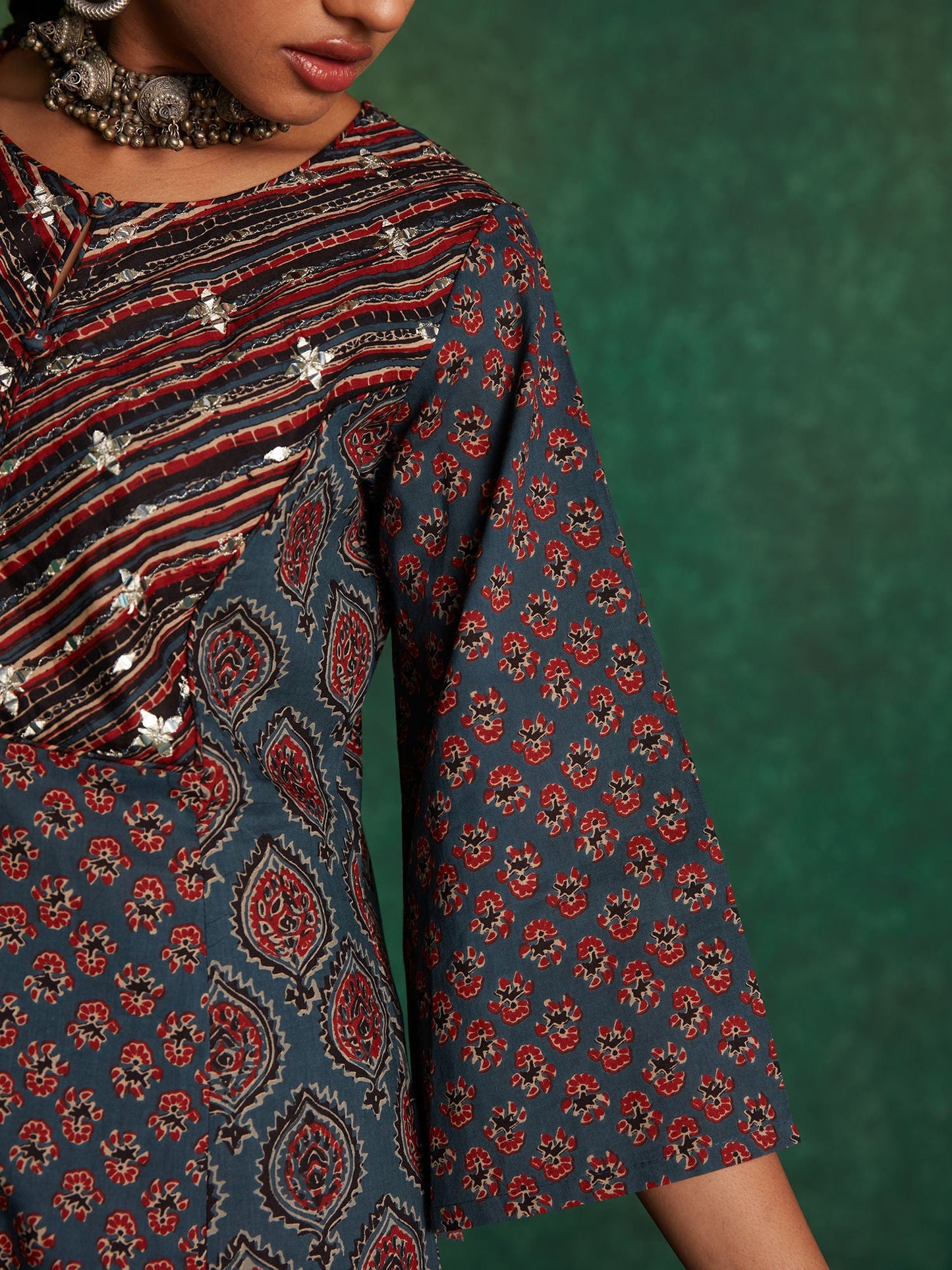 Likha Siyah Begar Indigo Printed with Zari Mirror Work Co-ord Set LIKSKD151 (Set of 2)