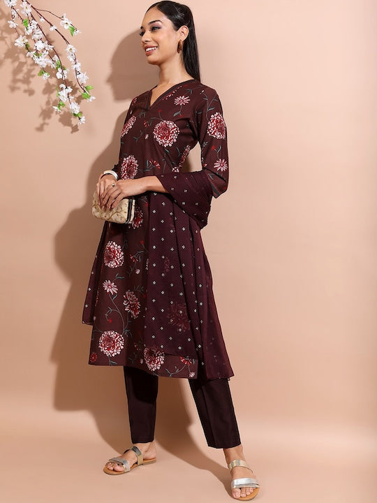 Vishudh Brown Floral Printed Regular Straight Kurta With Trousers & Dupatta