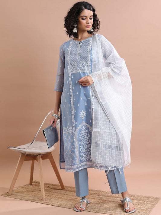 Vishudh Ethnic Motifs Embroidered Keyhole Neck Pure Cotton Kurta & Trousers With Dupatta