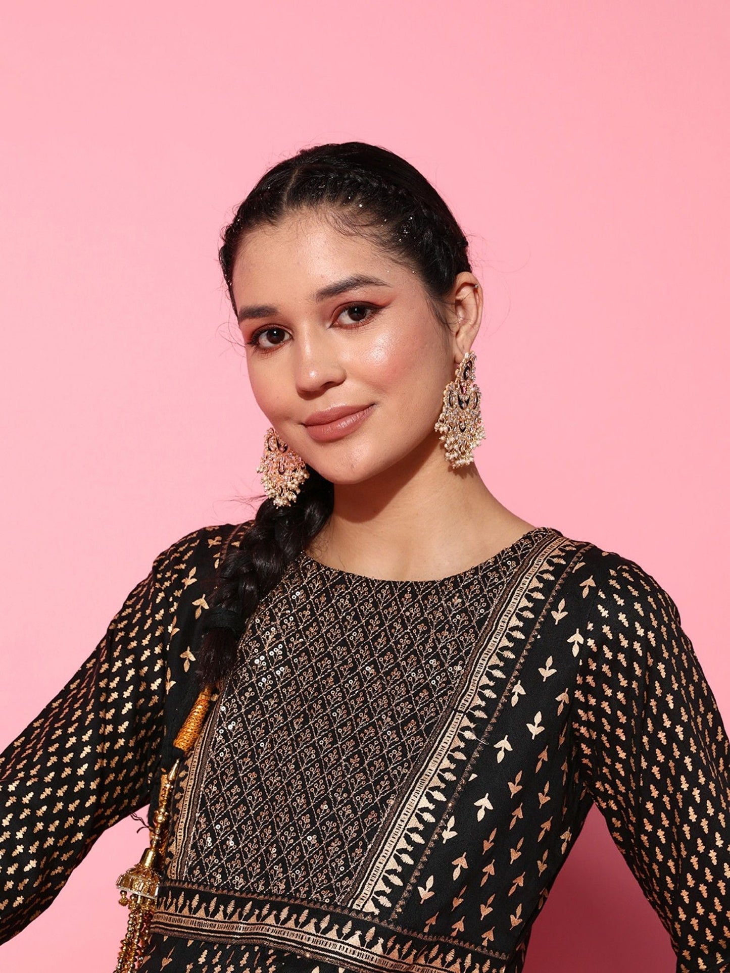 ISHIN Womens Black Embellished Anarkali Kurta