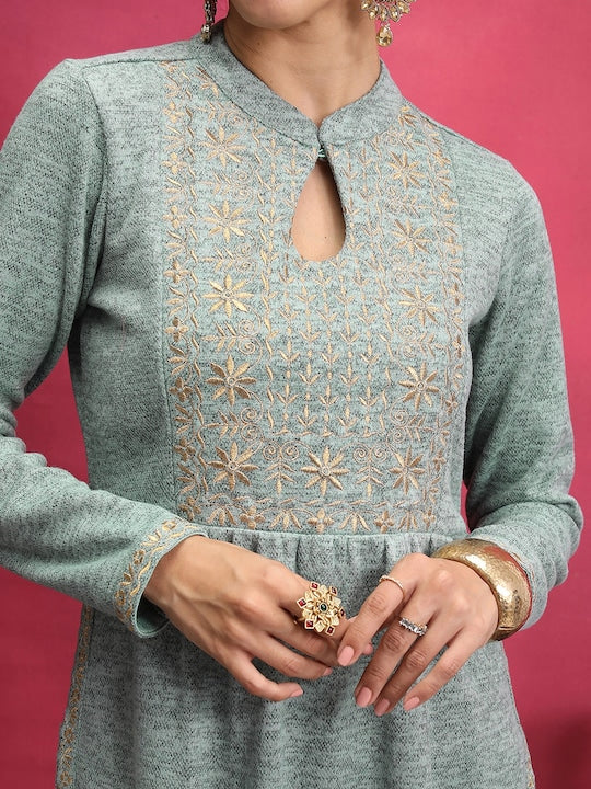 Vishudh Sea Green Floral Embroidered Mandarin Collar Kurta