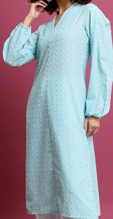 Vishudh Blue Floral Embroidered Puff Sleeve Pastels Cotton Straight Kurta