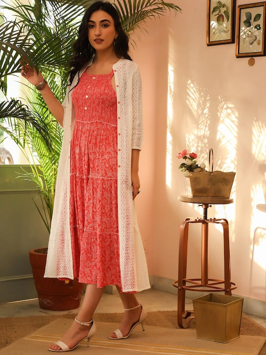 ScakhiI Women Red Floral Printed Dress with Cotton Net Jacket