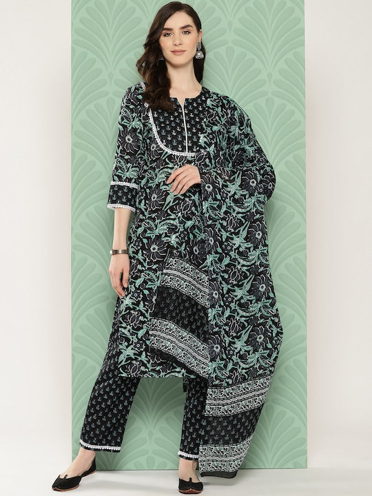 Yufta Women Floral Printed Regular Pure Cotton Kurta with Trousers & With Dupatta