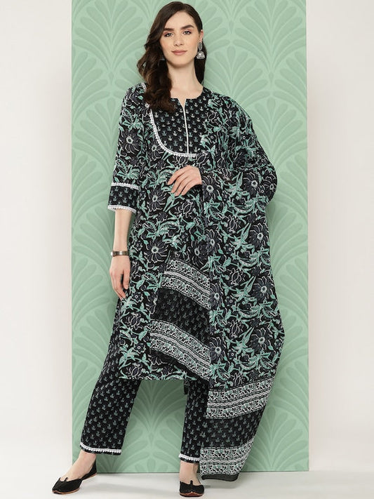 Yufta Women Floral Printed Regular Pure Cotton Kurta with Trousers & With Dupatta