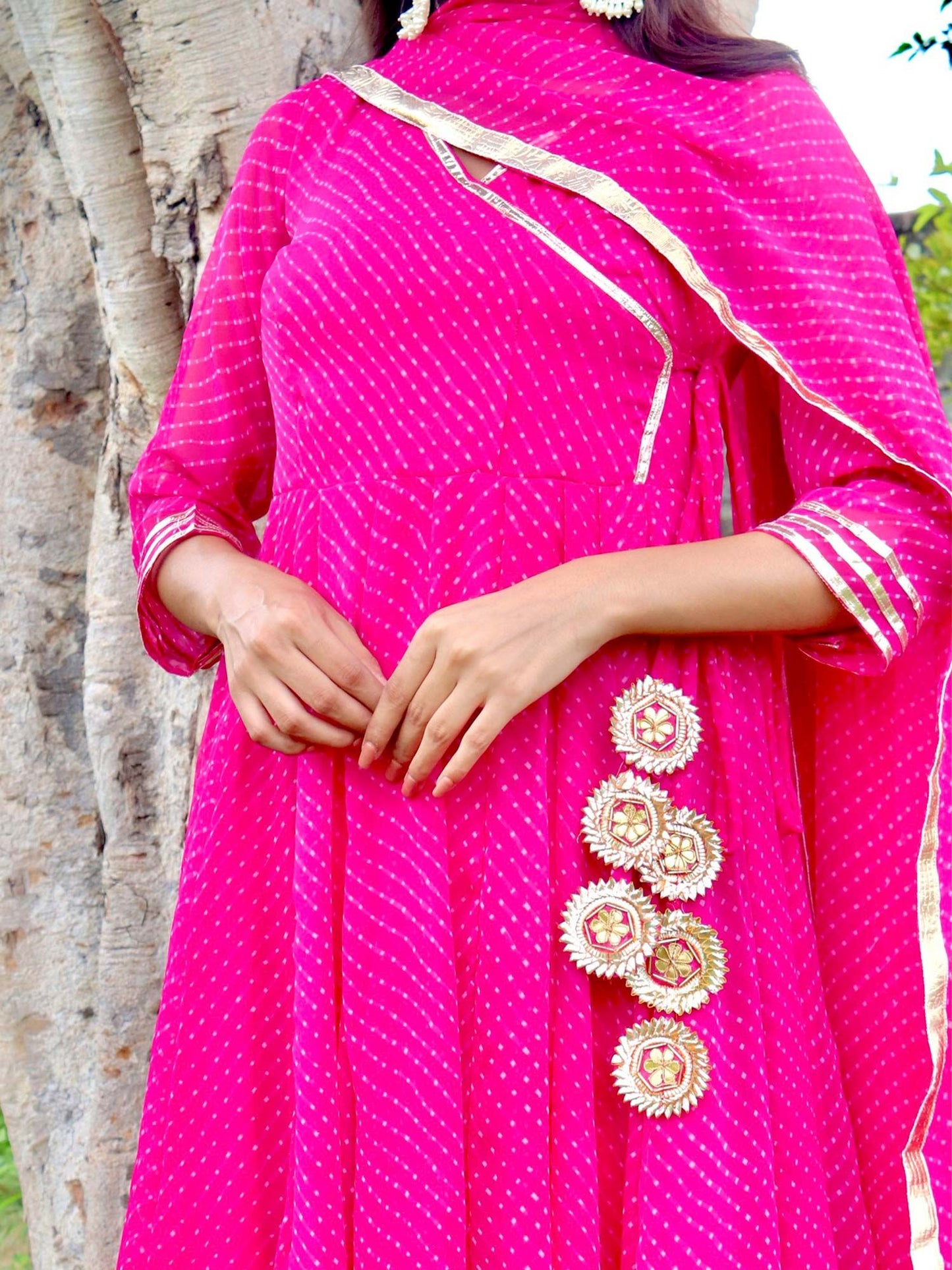 ONEWE INDIA Paakhi Mothra Anarkali Set (Set of 3) - Pink