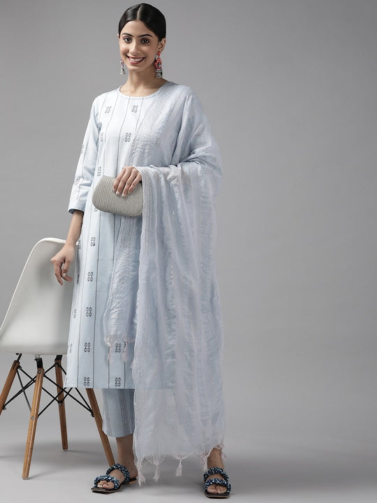 Yufta Women Blue Printed Pure Cotton Kurta with Trousers & With Dupatta