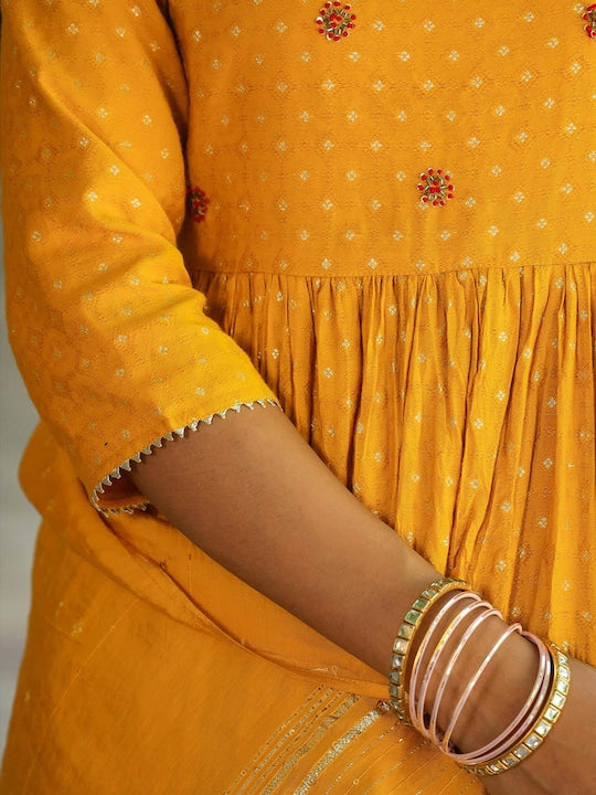 Scakhi Embellished Fit & Flare Tiered Cotton Jacquard Maxi Ethnic Dress With Dupatta