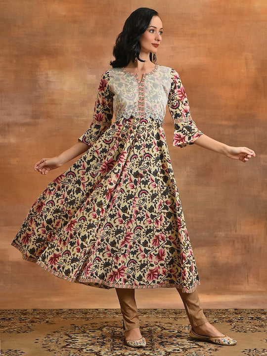AKS Floral Printed Bell Sleeves Cotton Maxi Dress