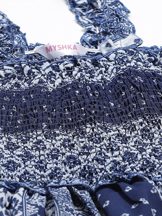 Myshka Navy Blue and White Geometric Printed Maxi Tiered Dress