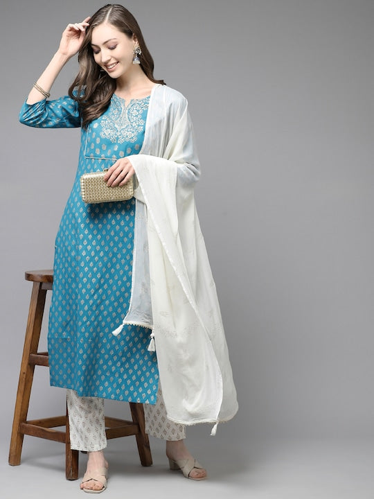 Yufta Women Teal Blue & Off-White Printed Kurta with Trousers & Dupatta