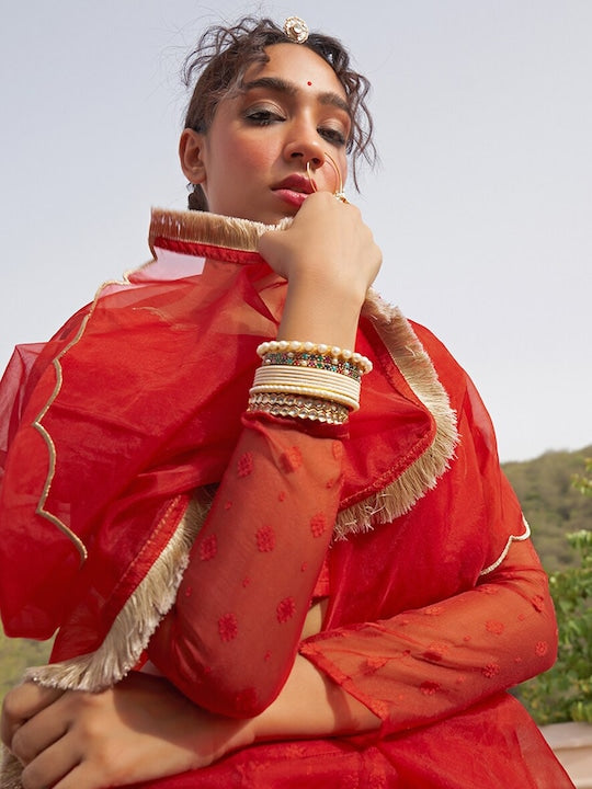 Janasya Woven Design Organza Ready to Wear Lehenga & Blouse With Dupatta