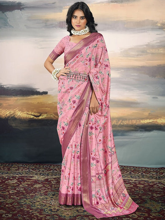 Satrani Pink Floral Printed Zari Leheriya Organza Saree