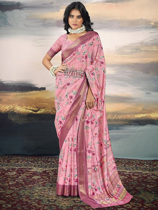 Satrani Pink Floral Printed Zari Leheriya Organza Saree