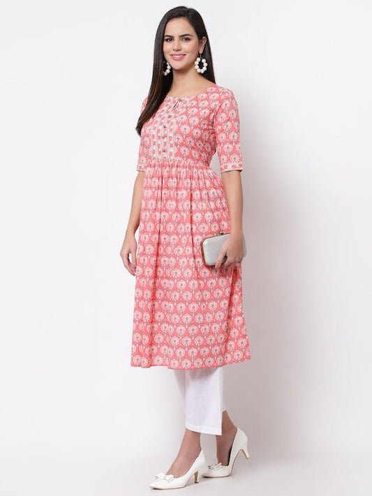 Myshka Women Pink & White Ethnic Motifs Printed Kurta -XXL