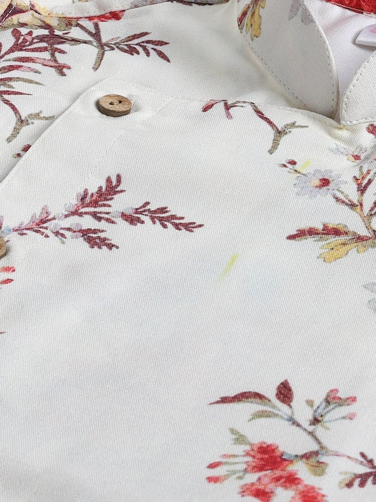 Vastramay Sishu Boys Floral Printed Mandarin Angrakha Collar Long Sleeve Kurta Sets