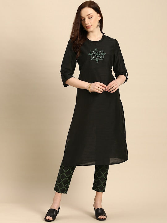 All about you Women Black & Green Embroidered Kurta with Trousers