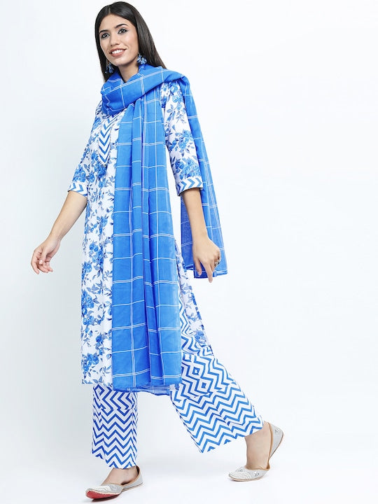 Vishudh Women Off White Printed A-line Kurti with Palazzos and dupatta