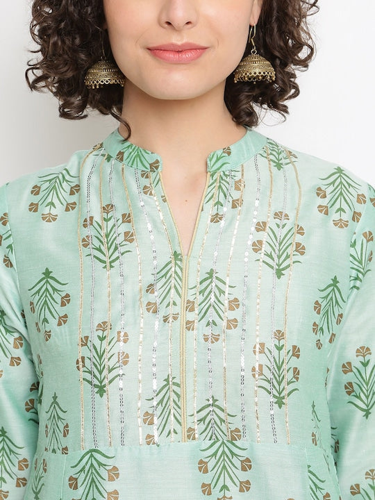 IMARA Floral Printed Mandarin Collar Sequined A-Line Kurta with Trousers
