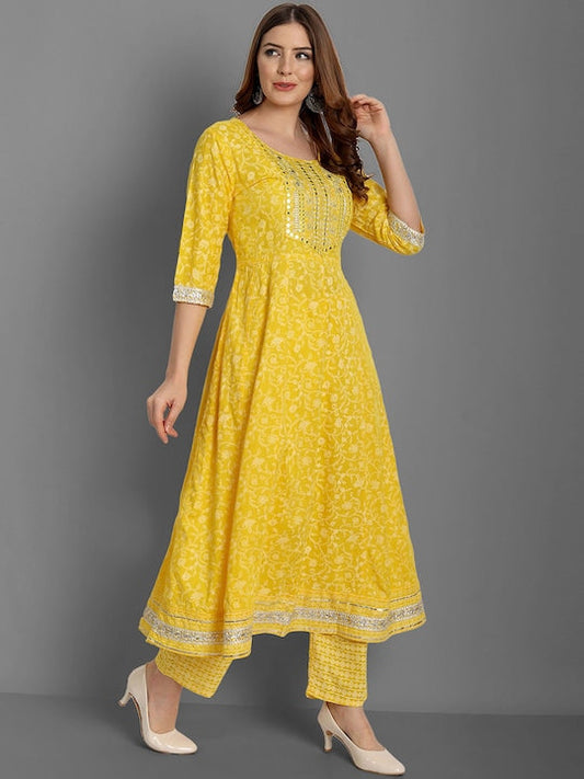 Singni Floral Printed Mirror Work A-Line Kurta With Trousers & Dupatta