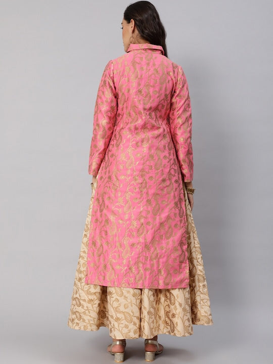 AKS Couture Floral Printed Shirt Collar Zari Jacquard Kurta