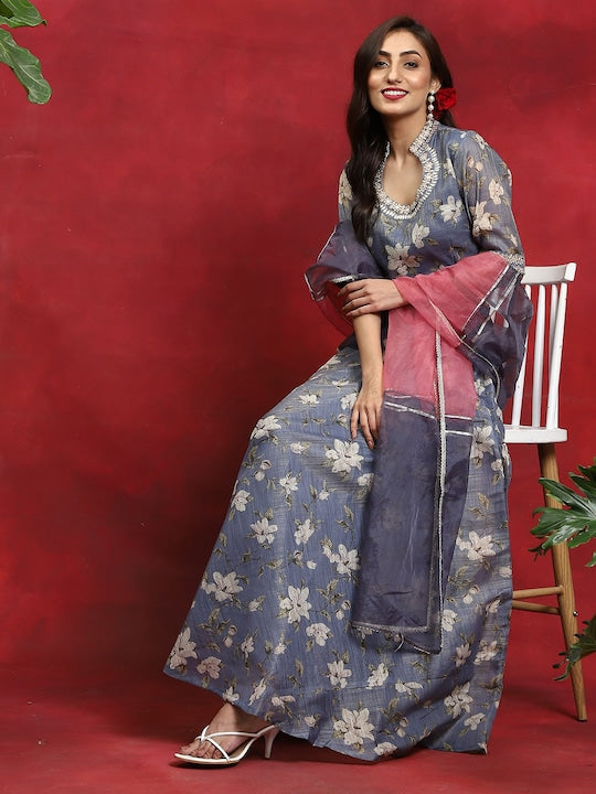 AKS Floral Printed Scoop Neck Ready to Wear Lehenga & Blouse With Dupatta